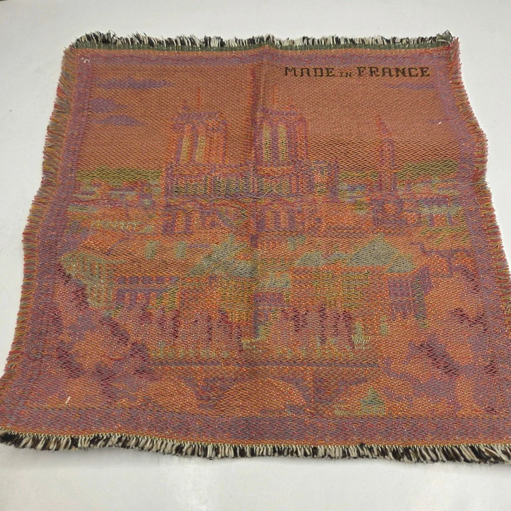Vintage Paris Notre Dame Woven Tapestry Wall Hanging Made in France 12x12 Multi